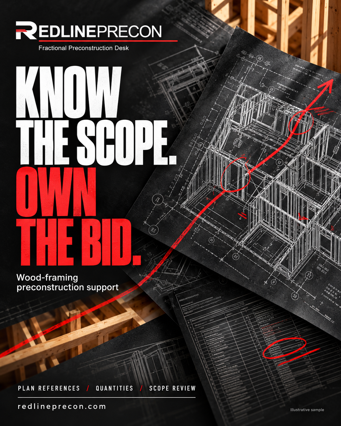 RedlinePrecon wood-framing campaign with timber framing, mock plans and red scope-review markup