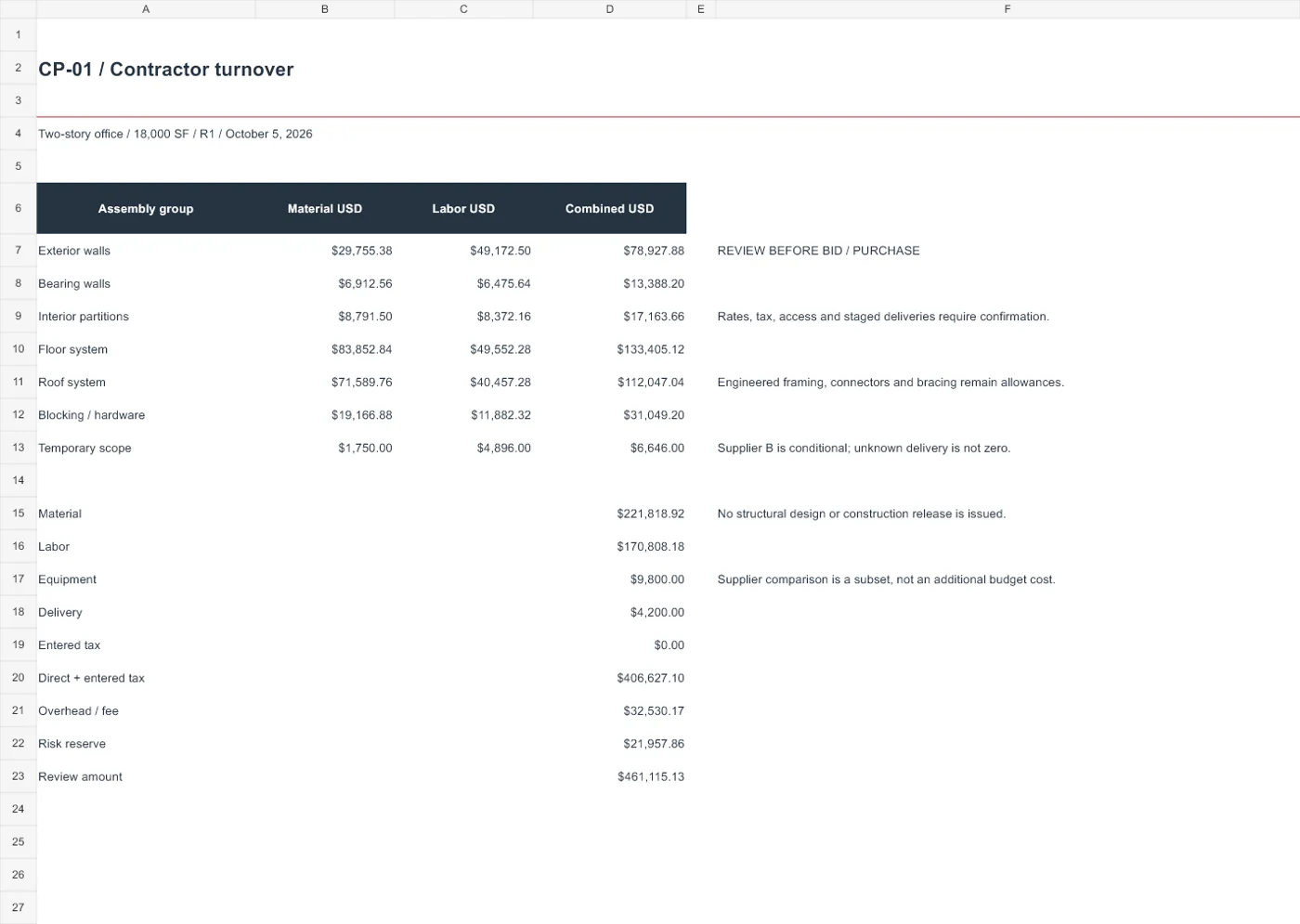 Editable quantity and pricing workbook preview