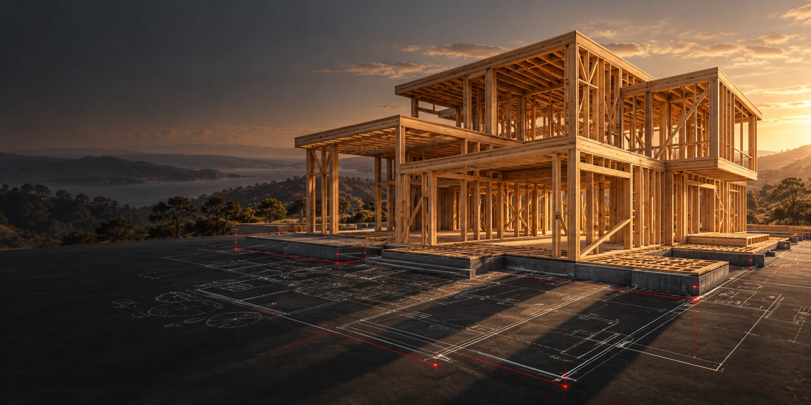 Illustrative timber-framed house at sunset over architectural plan lines