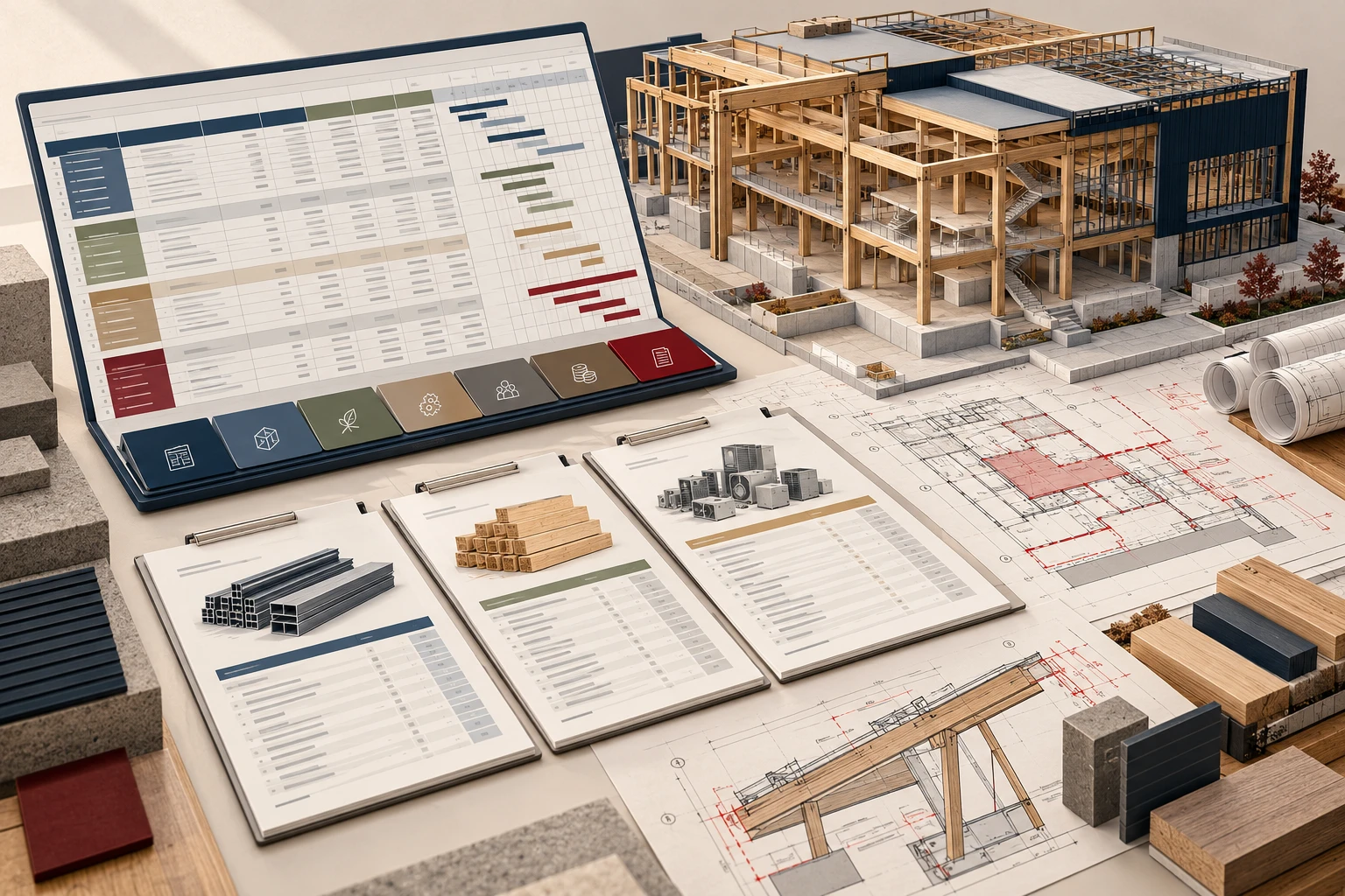 Conceptual preconstruction illustration showing plans and a quantity workbook