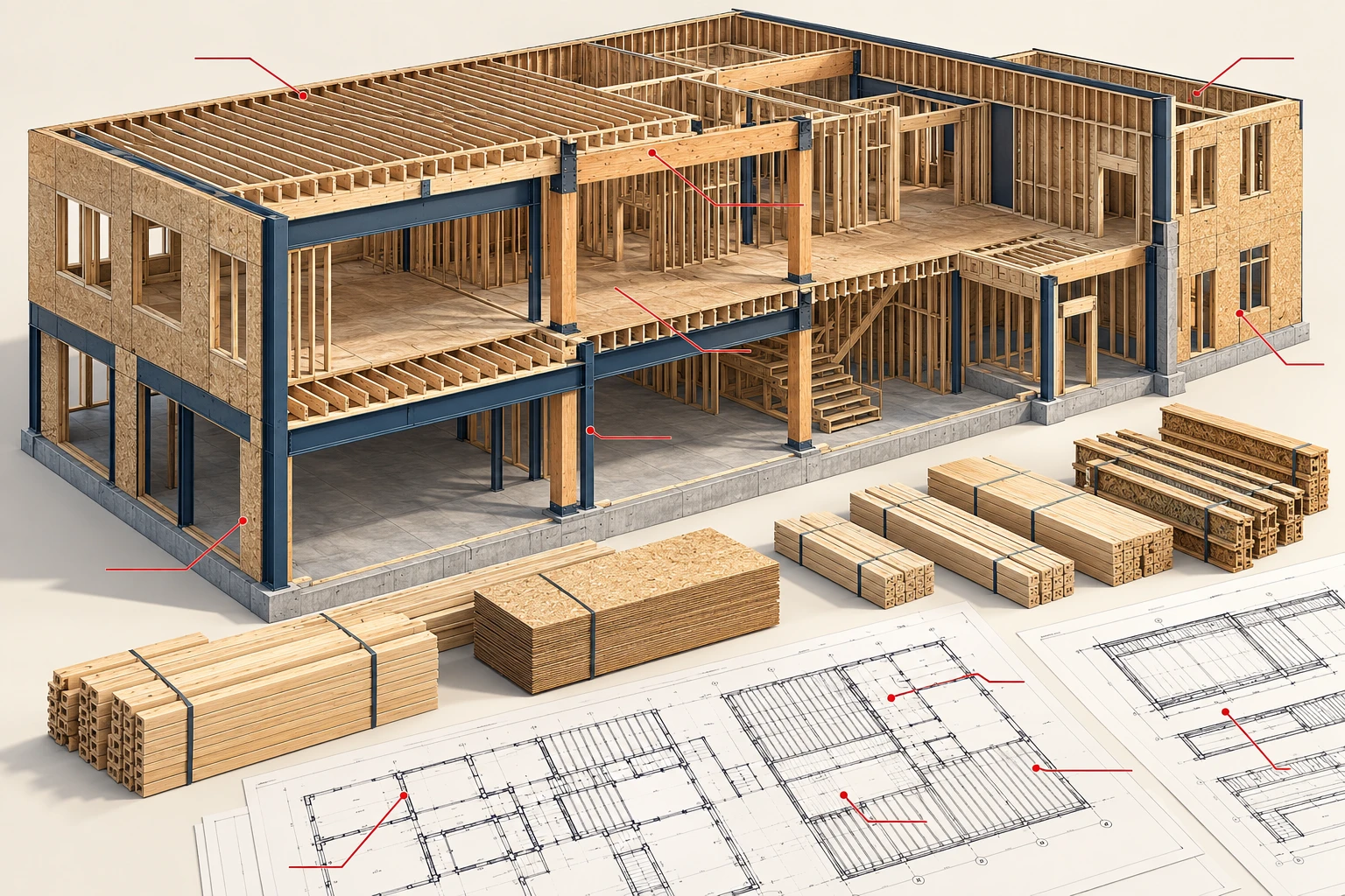 Timber framing quantities and scope interfaces — conceptual architectural illustration